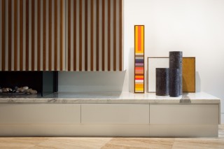 contemporary fireplace , wood panelling and Art 